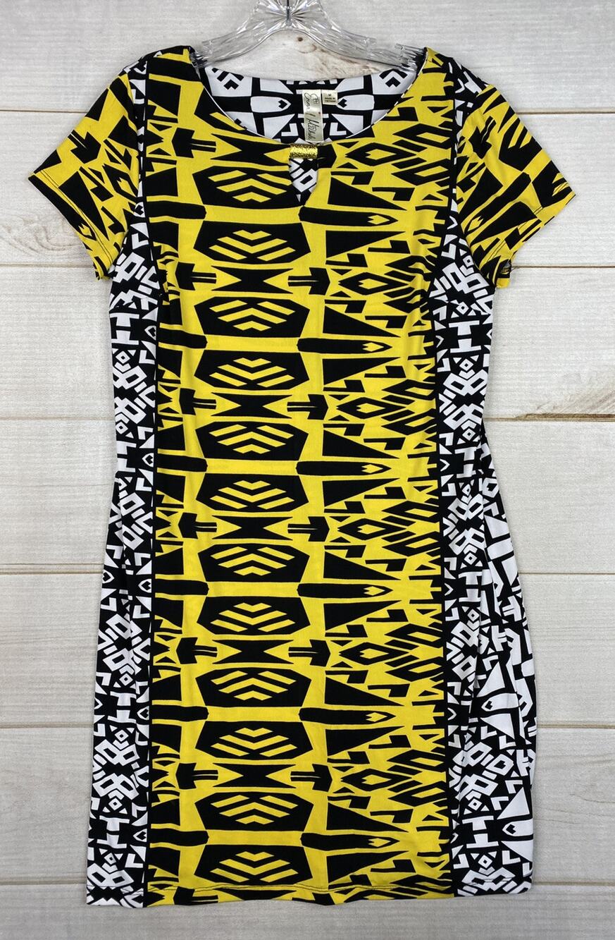 Emma & Michele Dress Womens M Yellow Black Short Sleeve Stretch Knit Keyhole